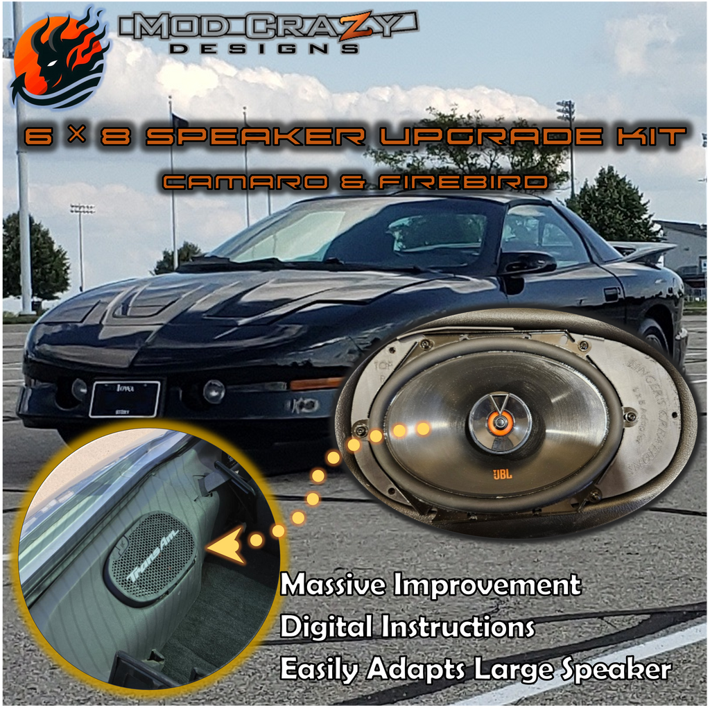 Advertisement for a 6x8 audio upgrade kit for 1993-2002 Camaro and Firebird with a car and speaker in the background.