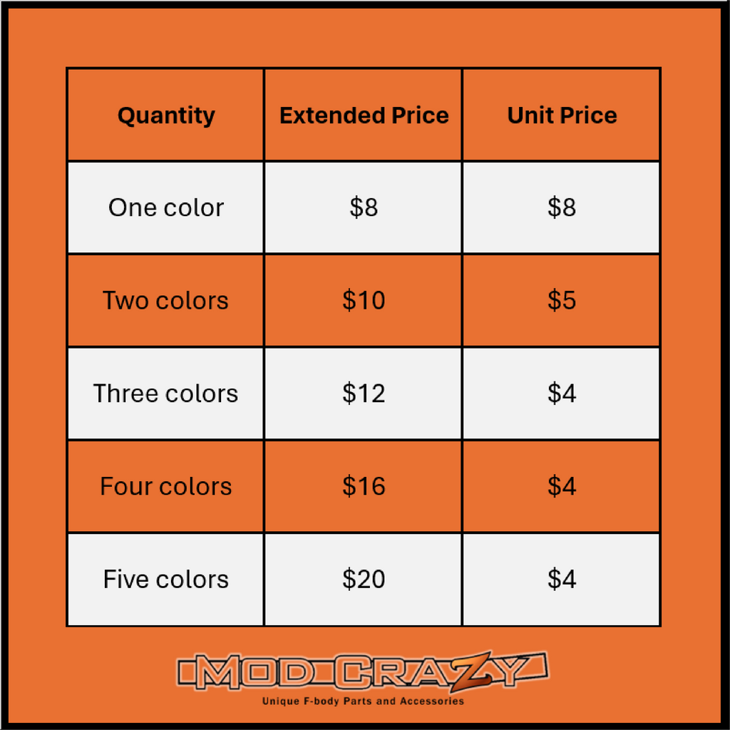 Chart showing pricing for different quantities of colors with Mod Crazy Designs branding. Camaro Firebird Trans Am 4th gen 1993 2002