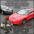 Red car with branded floor mats on a gray background, featuring text about car interior upgrades. CAMARO FIREBIRD TRANS AM 1993 2002 4TH GEN FOURTH